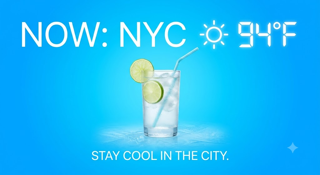 Summer ad creative for a 94°F sunny day in New York featuring an iced refresher on a cool blue background